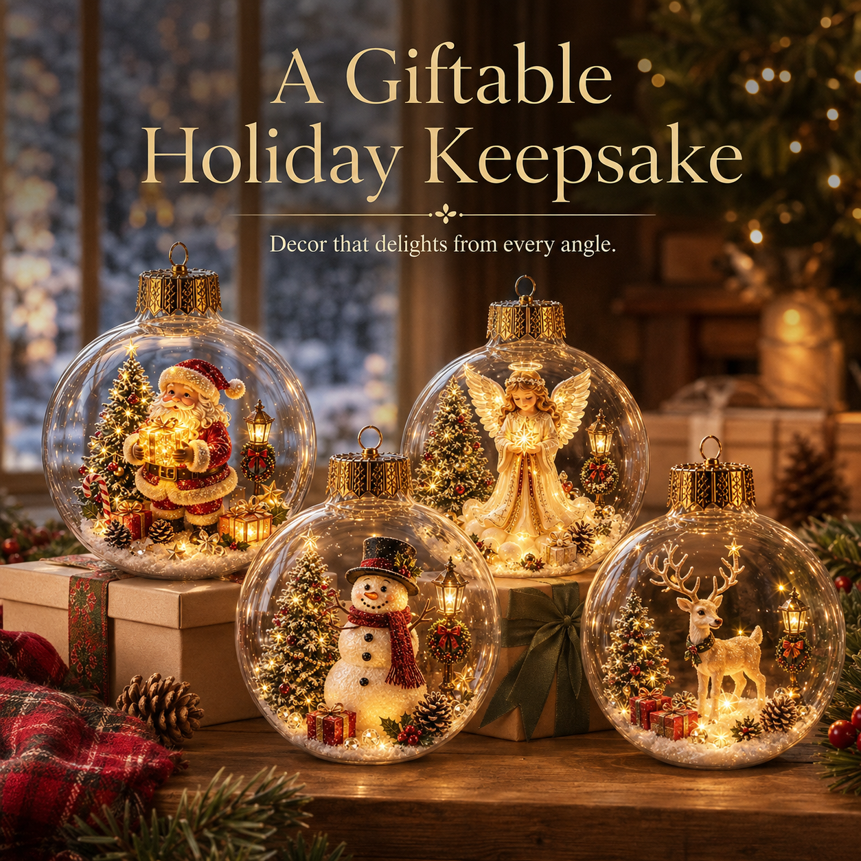 Multiple miniature Christmas globe styles hanging together on tree