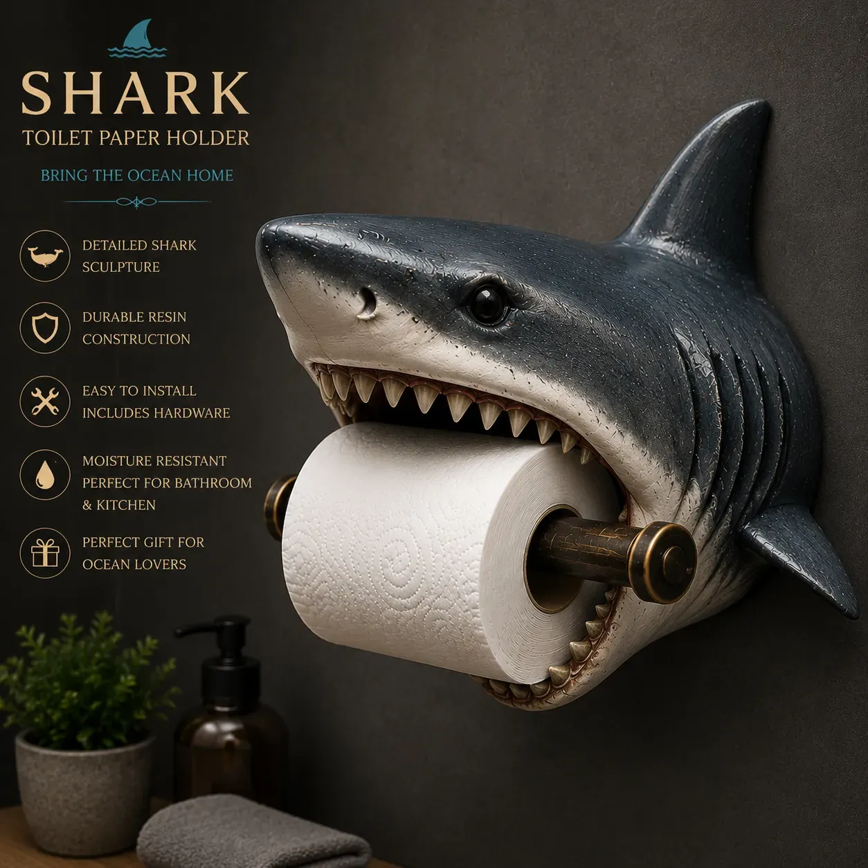 Sea turtle paper holder beautifully mounted on bathroom wall
