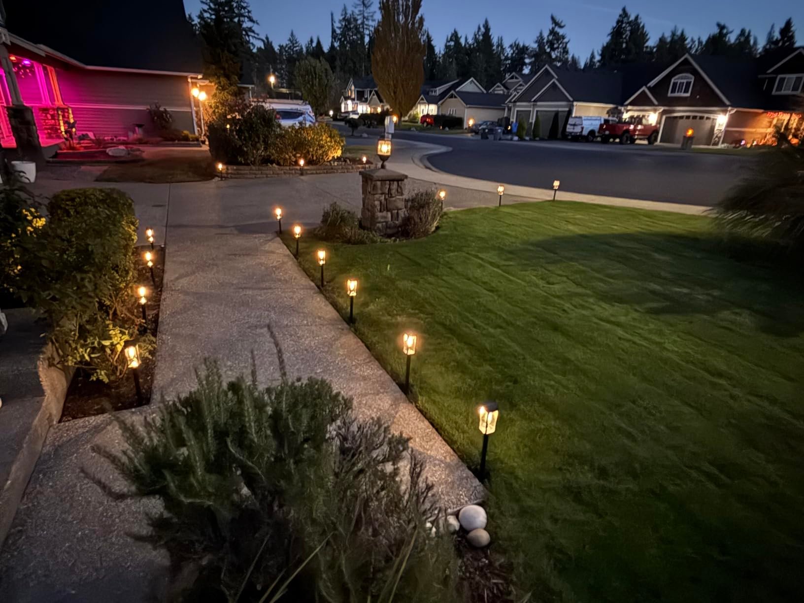 Metal poles, plastic stakes and light fixtures