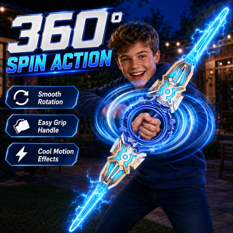 Double-bladed light-up toy sword with 360-degree spinning handle