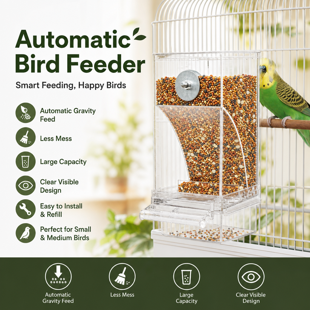 Automatic bird feeder installed on bird cage