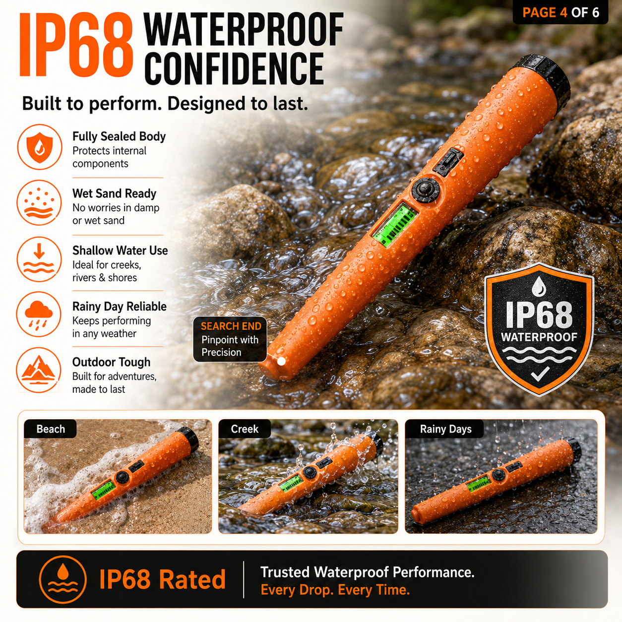 IP68 Fully waterproof handheld metal detector submerged underwater in creek