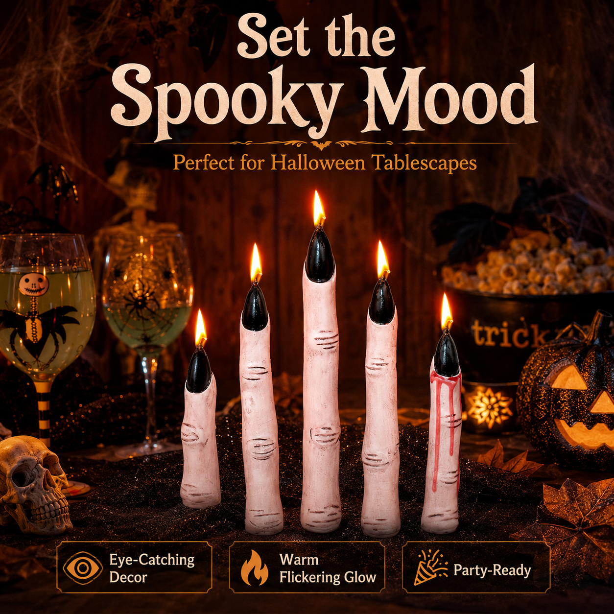 Finger candle Halloween party table decor with spooky atmosphere