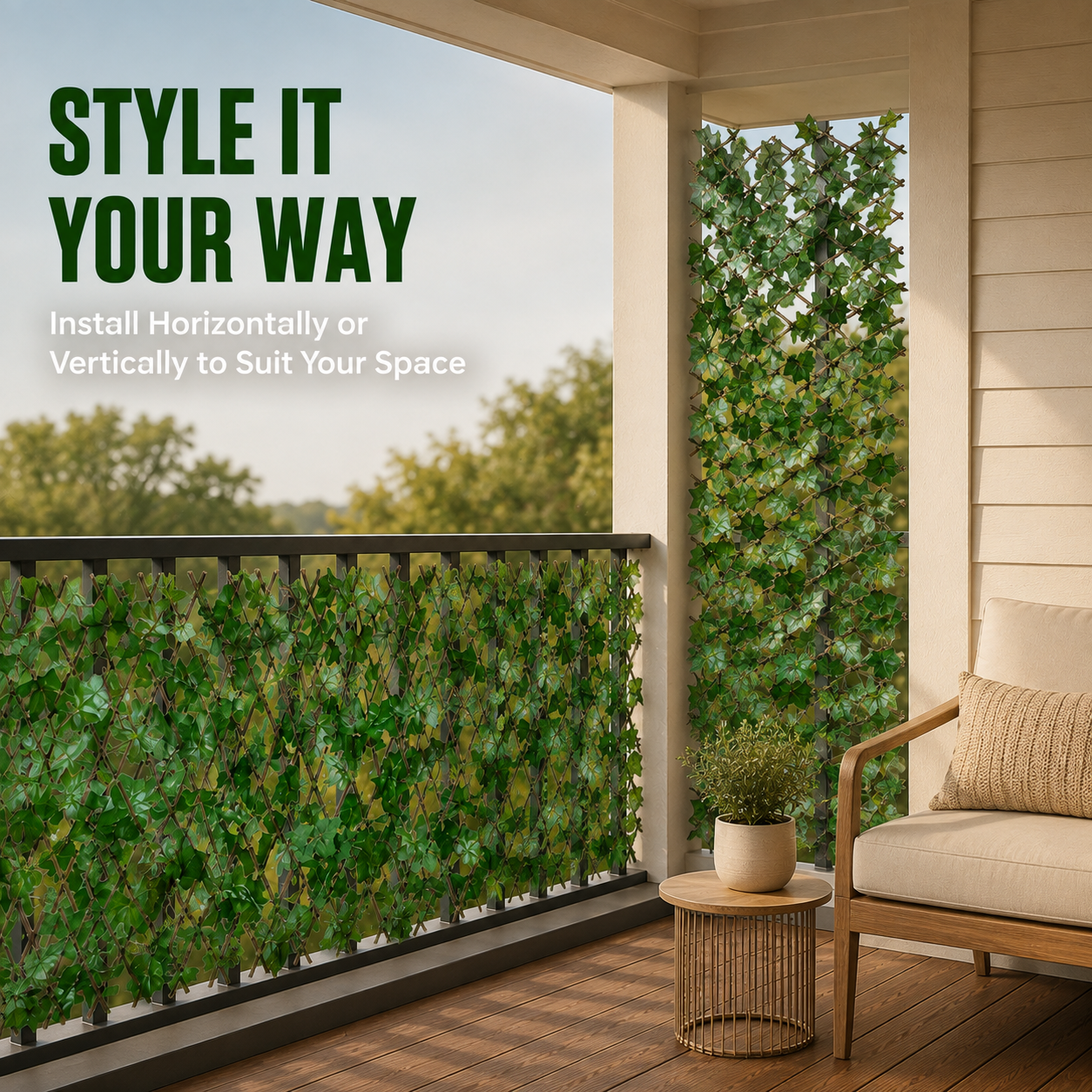 Expandable ivy lattice secured to a balcony railing