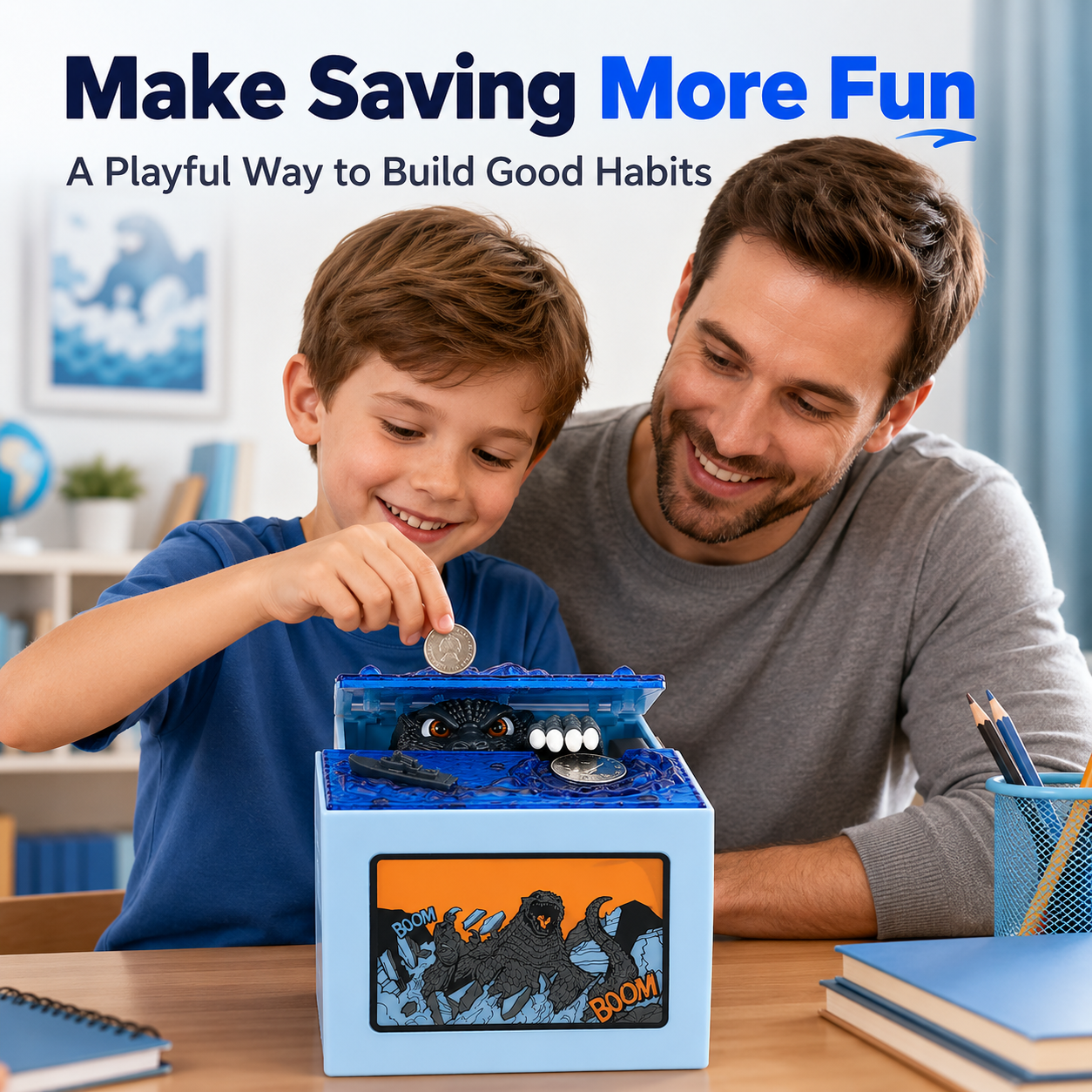Interactive monster coin bank main product view