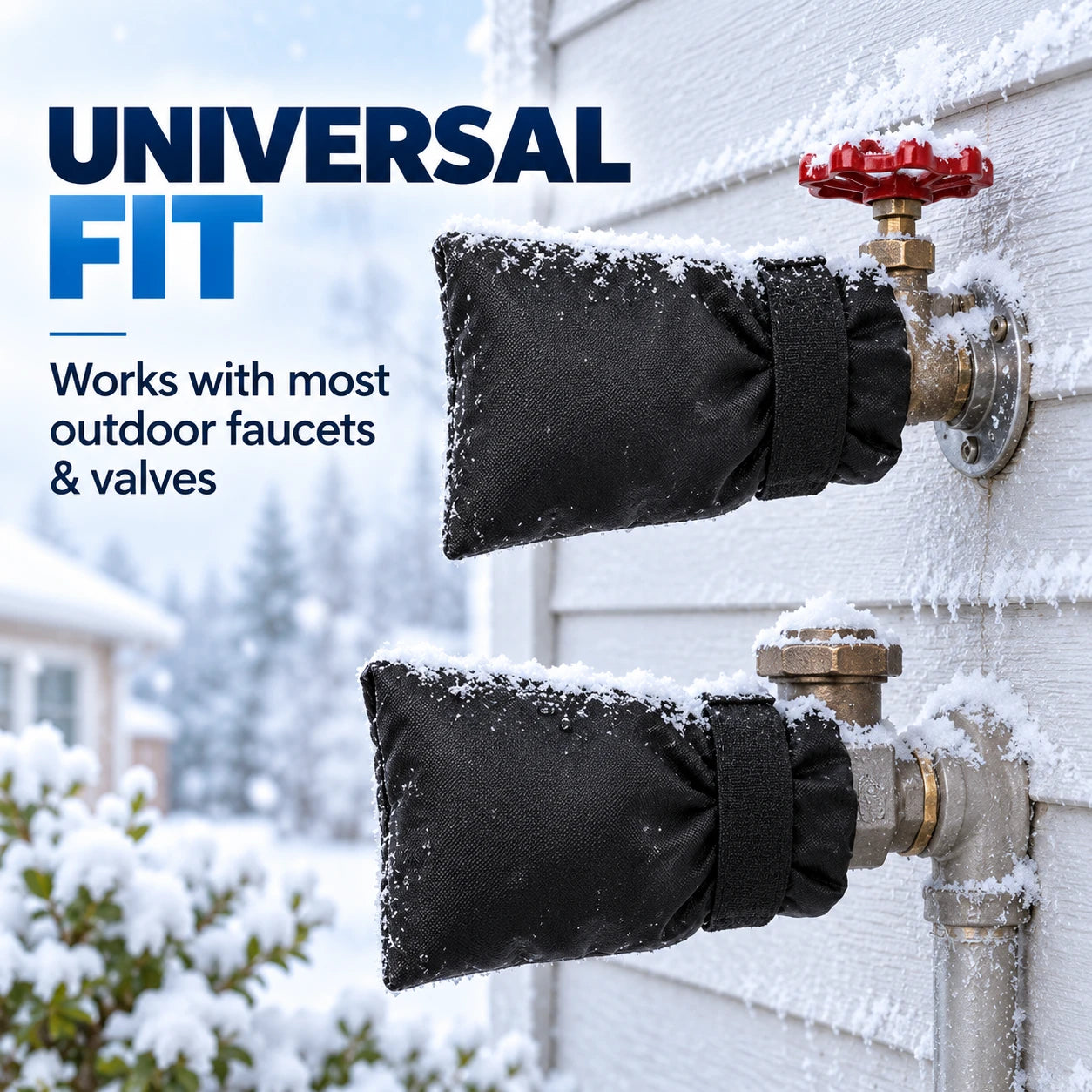 Outdoor faucet insulation cover shown on different outdoor faucet and valve styles