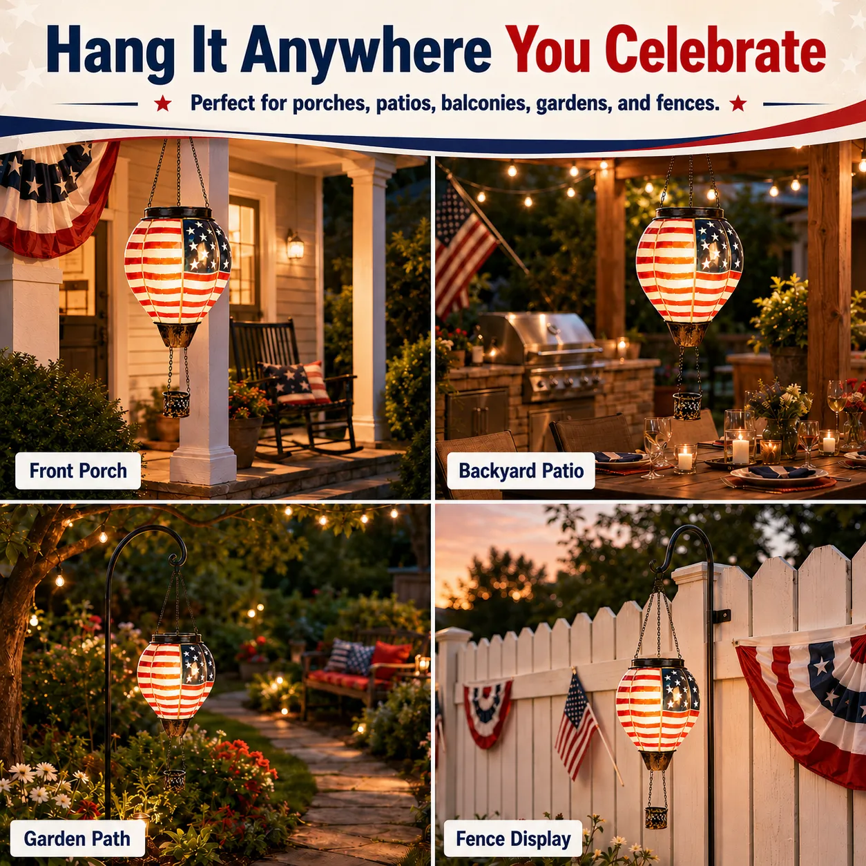 Hang patriotic solar lantern anywhere outdoors