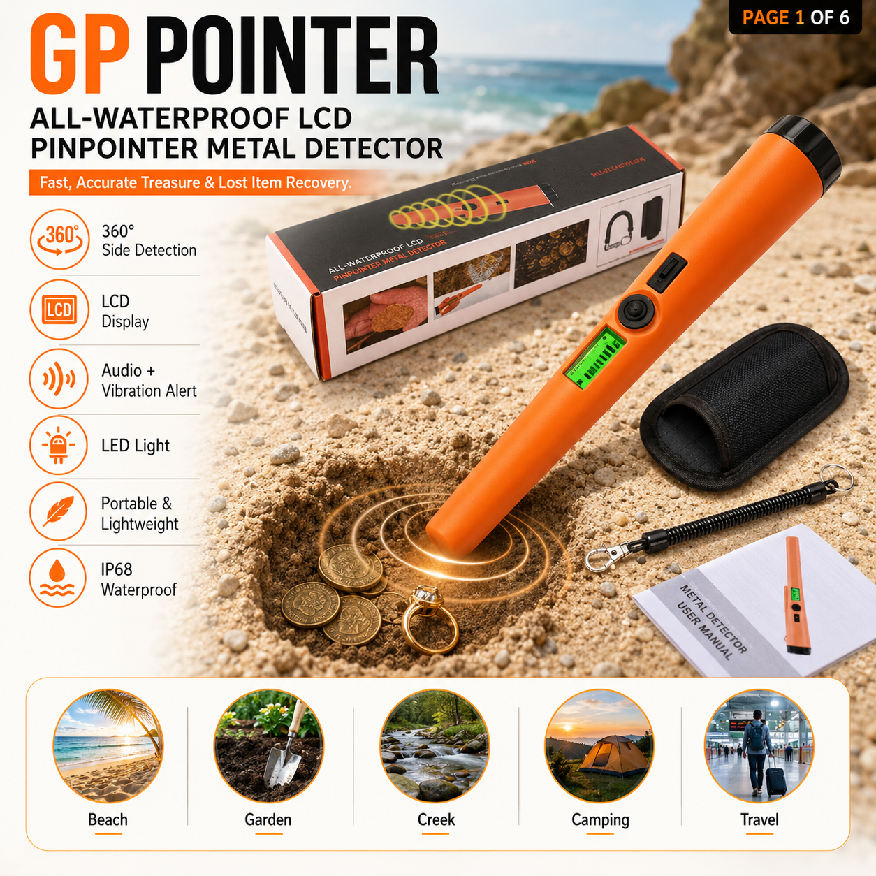 360 degree side scan metal detector pinpointer scanning ground for target
