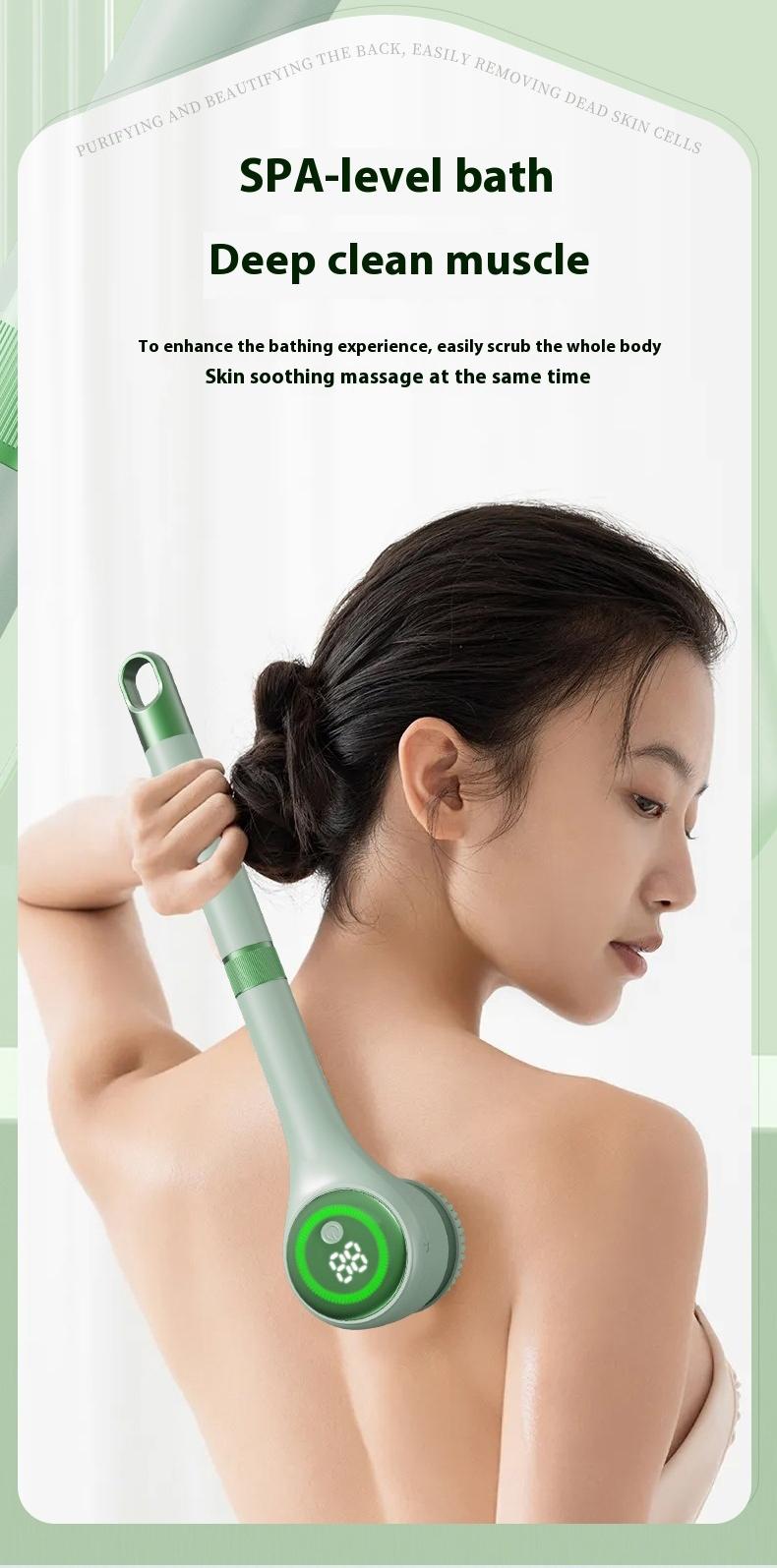 Rechargeable Motorized Electric Shower Back Scrubber - Long Handle IPX Waterproof PVC Spin Bath Brush with 5 Replaceable Heads, 3 Speed Modes, Exfoliating Massager for Adults Sensitive Skin, USB, Full Body (Shoulders, Calves Care, Great Gift Option)