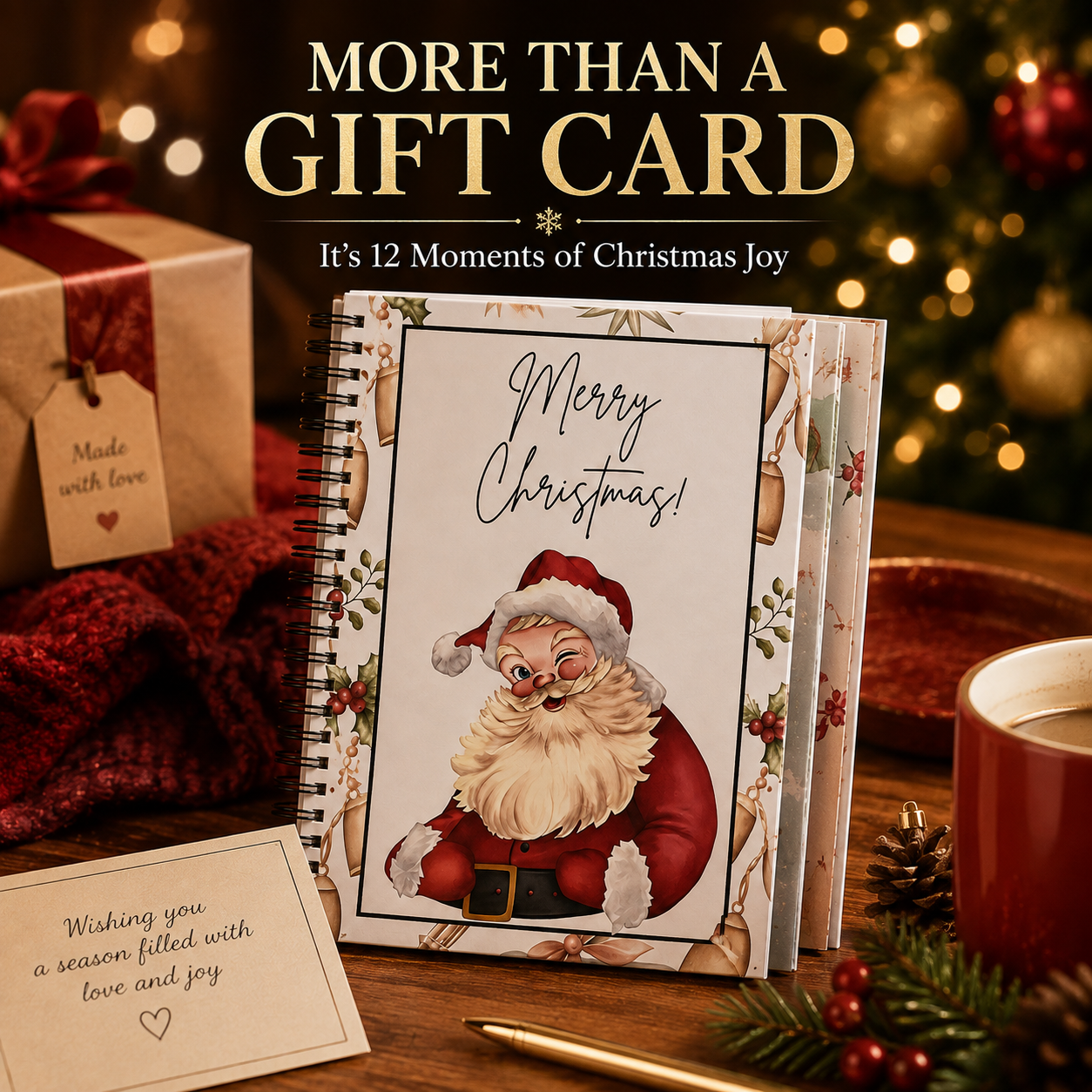 Close-up of illustrated themed gift card holder pages