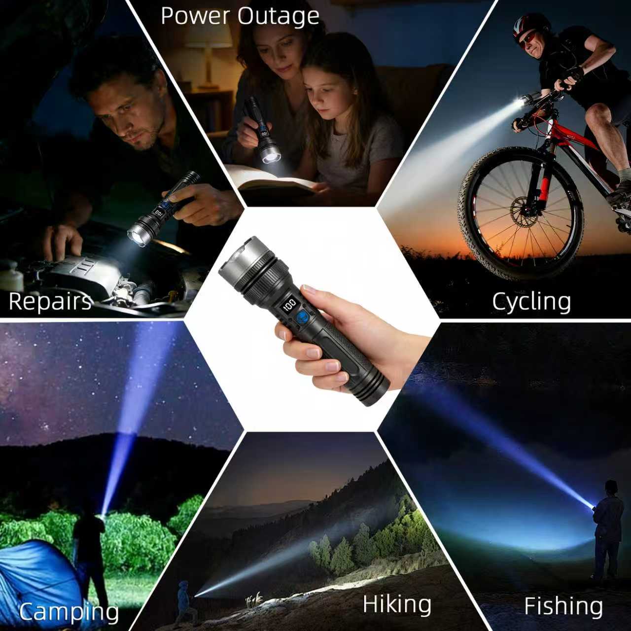 2-in-1 Strong Flashlight (Power Bank), Digital display ofpower, Rechargeable, Zoomable,, X4Waterproof,Adjustable Brightness Flash Light for Outdoor, Emergency,Camping Accessories, Black BackToSchool outdoorfun