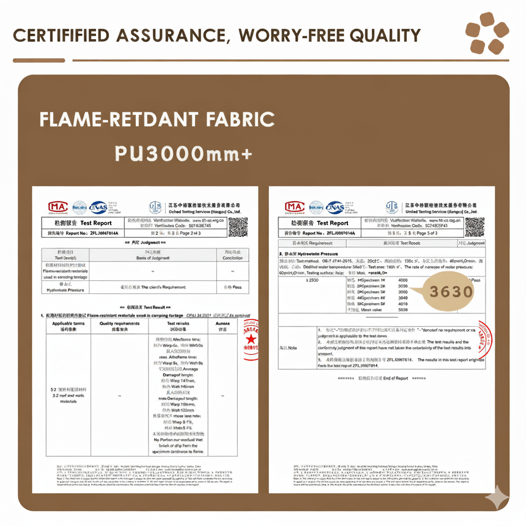 Official product certificate confirming the flame-retardant and PU3000mm waterproof ratings of the tent fabric.