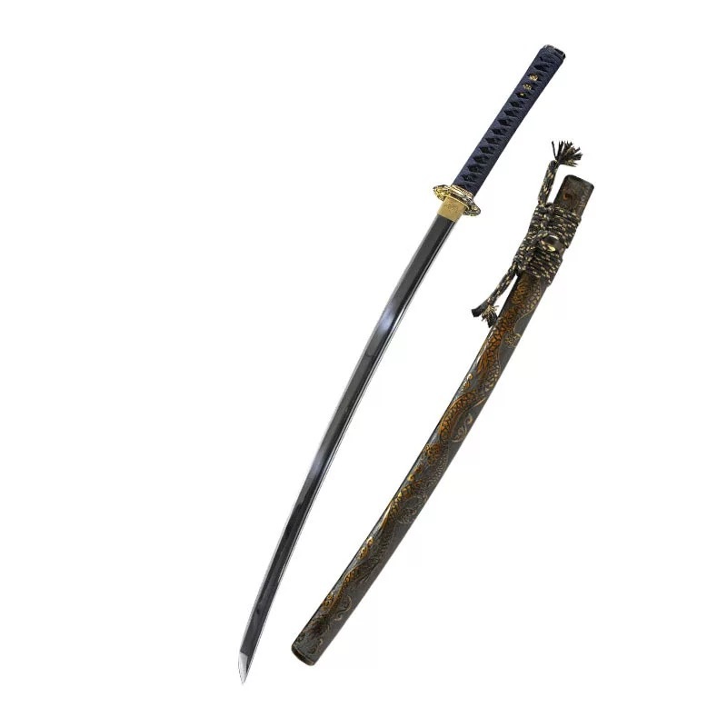 A top-down view of the entire un-sheathed katana sword with a dark hilt next to its fully ornate scabbard featuring intricate gold dragon patterns.
