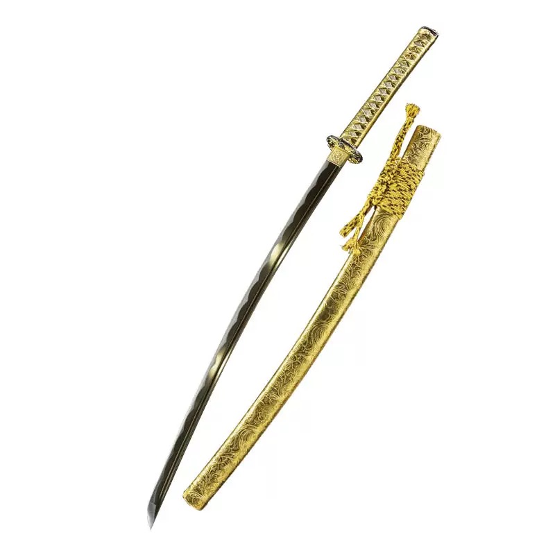 Overhead view of a complete Gold Dragon Katana set, including the sword, scabbard, and sageo.