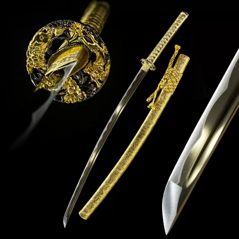 Close-up of the intricate gold plated Dragon Tsuba (guard) on a high-quality katana sword.