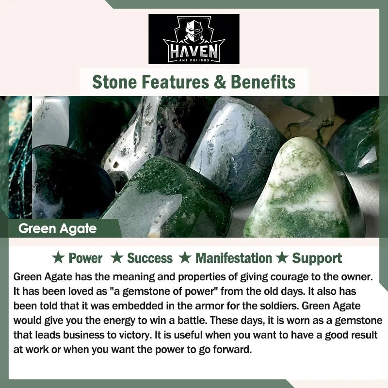 Tumbled Green Agate stones, the secondary material for the bracelet, symbolizing power, success, and positive manifestation.