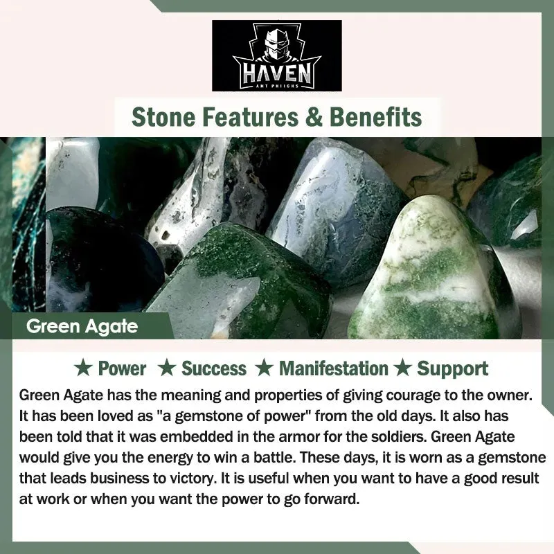 Tumbled Green Agate stones, the secondary material for the bracelet, symbolizing power, success, and positive manifestation.