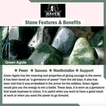 Tumbled Green Agate stones, the secondary material for the bracelet, symbolizing power, success, and positive manifestation.