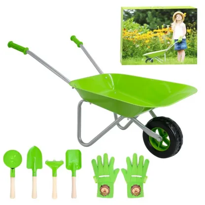 Green kids wheelbarrow set with 4-piece garden tools and matching hedgehog gloves