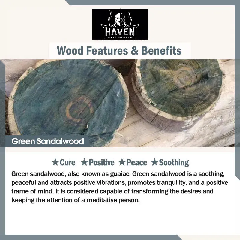Cross-section of Green Sandalwood (guaiac), the wood for the Chinese Zodiac comb, highlighting its benefits for peace, soothing, and positive vibrations.