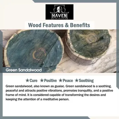 Cross-section of Green Sandalwood (guaiac), the wood for the Chinese Zodiac comb, highlighting its benefits for peace, soothing, and positive vibrations.