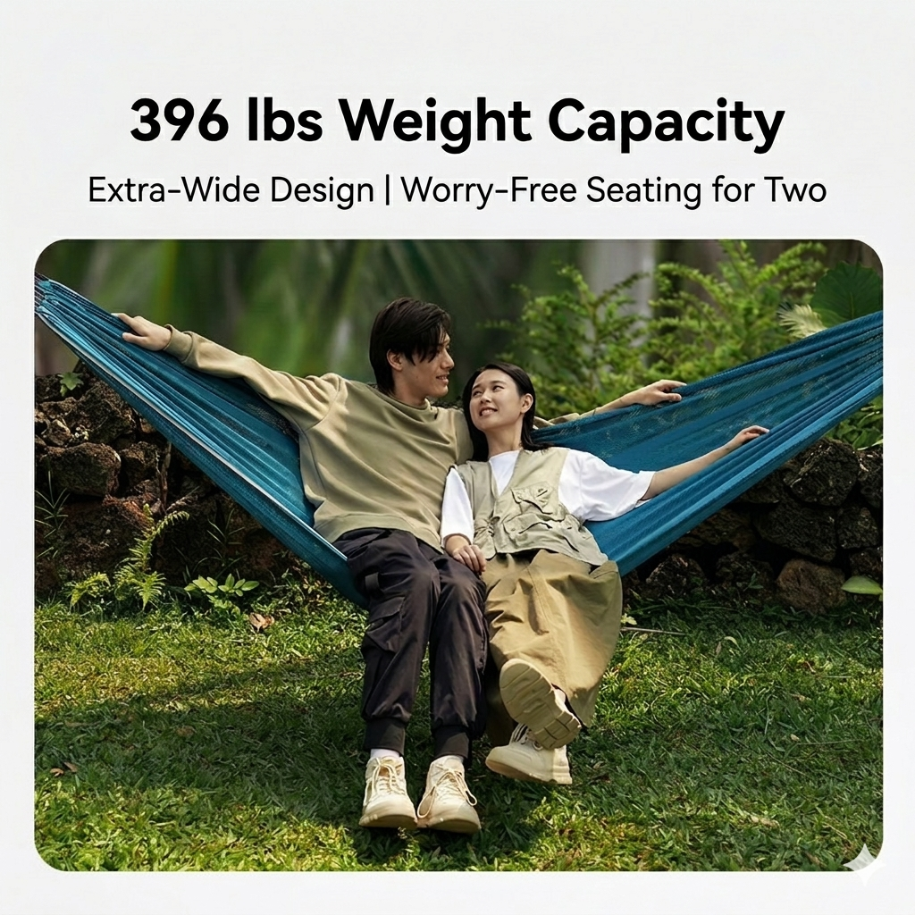 Two people sit side-by-side on an extra-wide KingCamp camping hammock with a sturdy 790 lbs weight capacity, highlighting its spaciousness and strength.