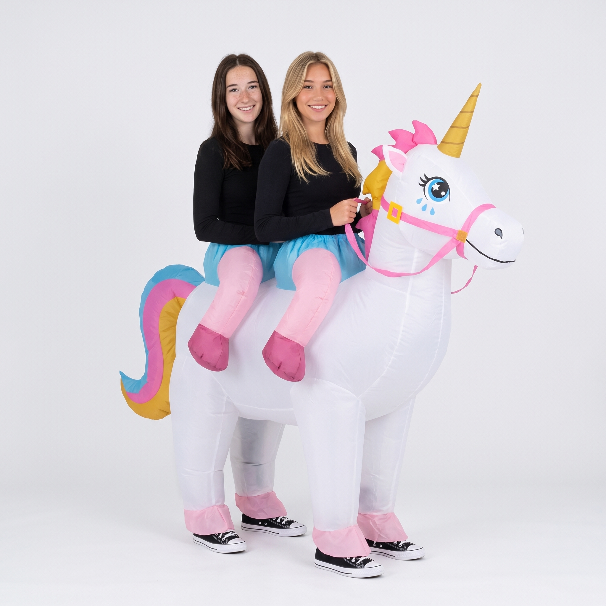 Front view of inflatable unicorn duo costume