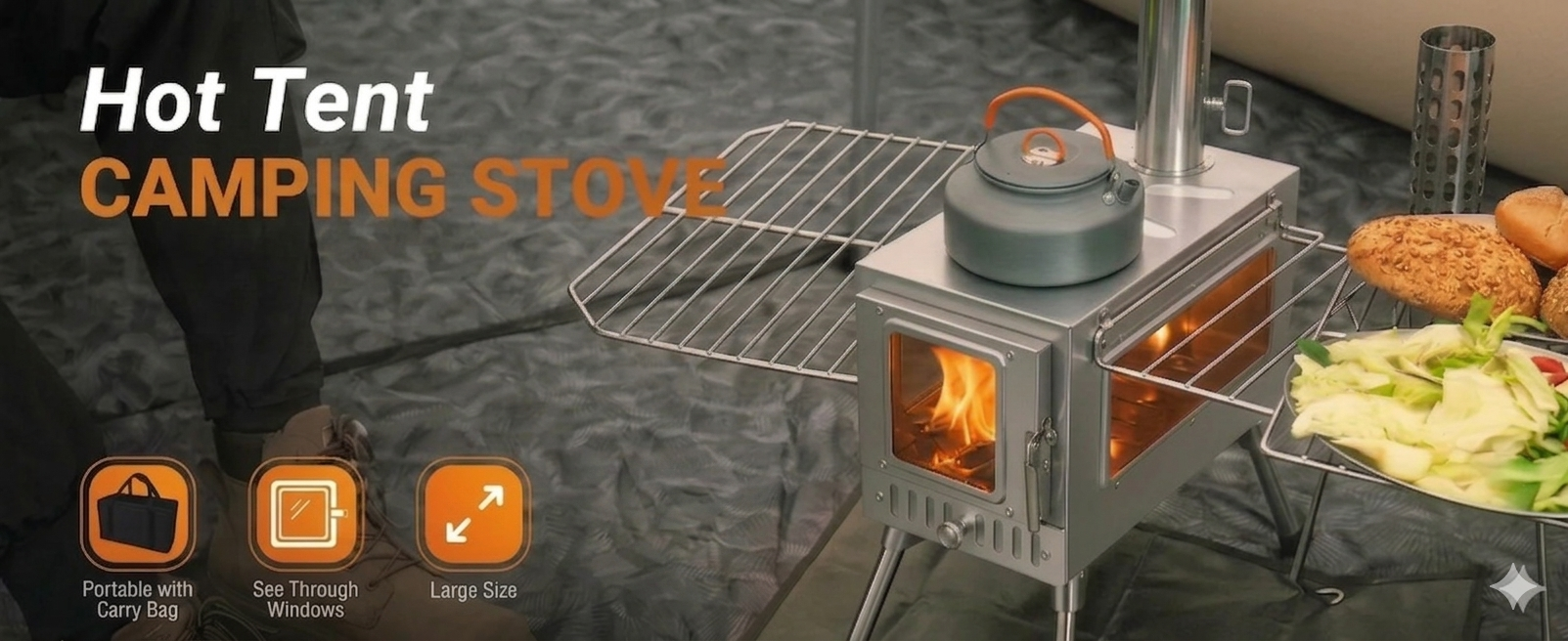 Large hot tent camping stove with removable side shelves for food preparation and support.