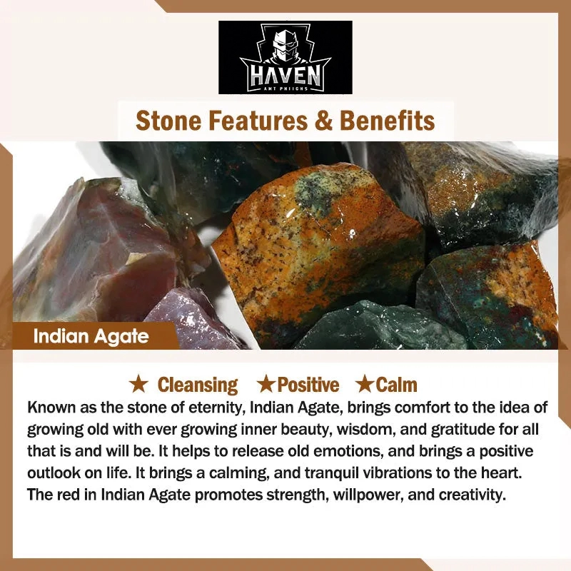 Close-up of rough Indian Agate stones, the material for the dog paw bracelet, known for positive energy and calming effects.