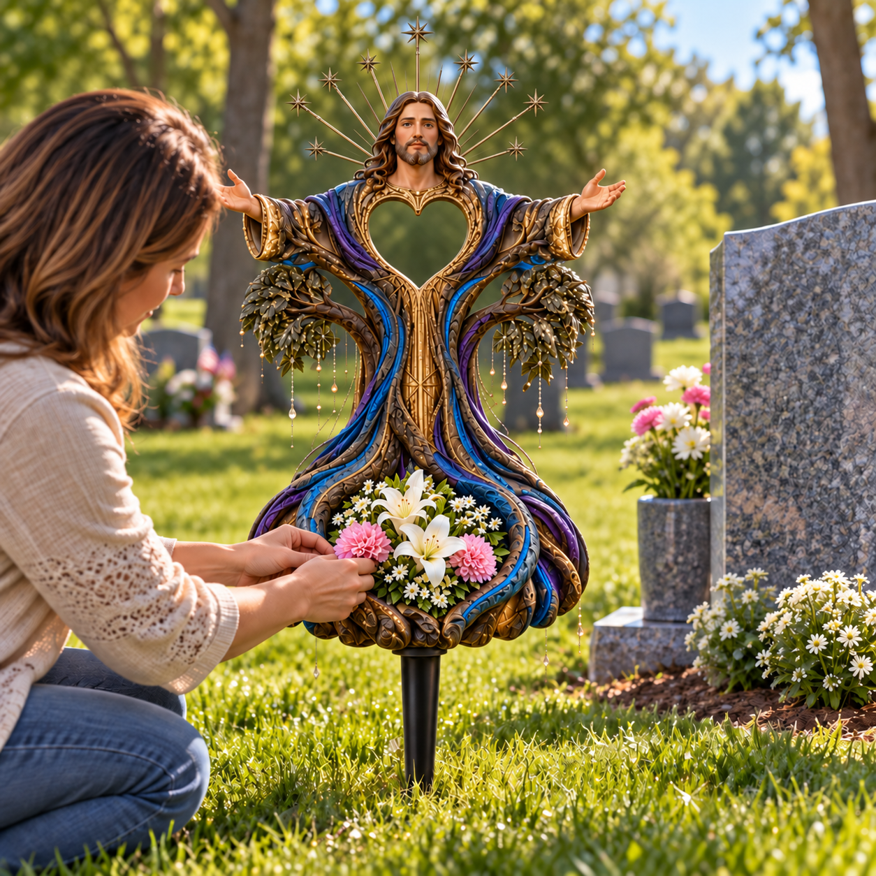 Woman arranging flowers in Open Arms Jesus memorial sculpture
