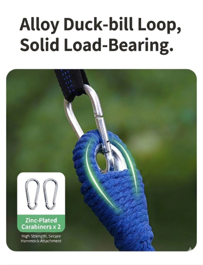 Close-up detail of KingCamp breathable hammock featuring a strong alloy duck-bill loop and a heavy-duty zinc-plated carabiner attached for secure tree hanging.