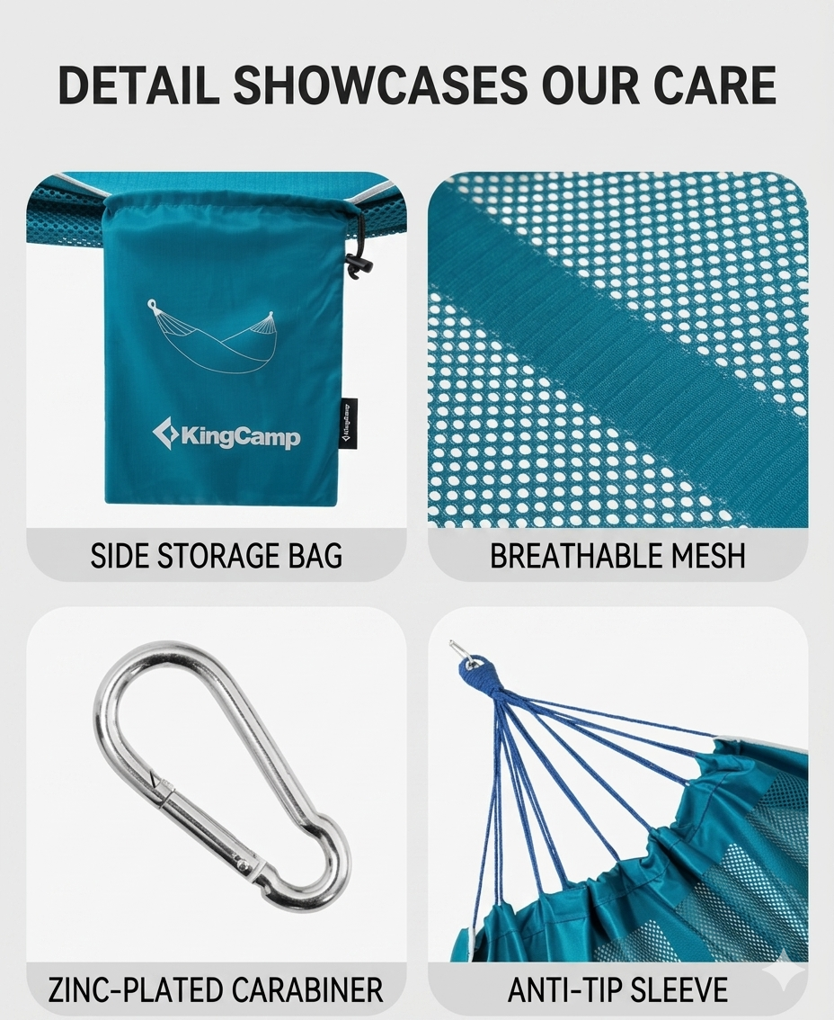 A multi-panel view showcasing specific KingCamp breathable hammock features: side storage bag, durable breathable mesh, robust zinc-plated carabiner, and an anti-tip sleeve.