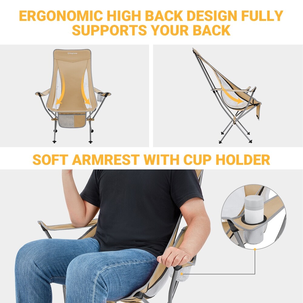Ergonomic high back support and soft armrest with cup holder on KingCamp khaki camping chair