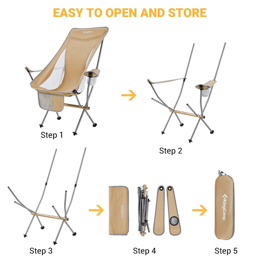 Step-by-step instructions showing how to fold and pack the KingCamp lightweight highback chair