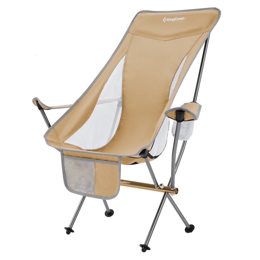 KingCamp khaki highback camping lounge chair featuring cup holder and side storage pocket