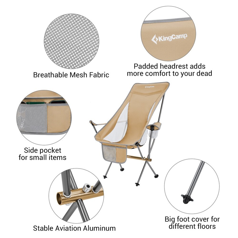Detailed key features of KingCamp camping chair including breathable mesh fabric, padded headrest, and aviation aluminum frame