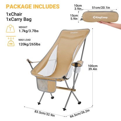 Dimensions and weight capacity diagram for KingCamp highback camp chair (3.7 lbs weight, 265 lbs max load)