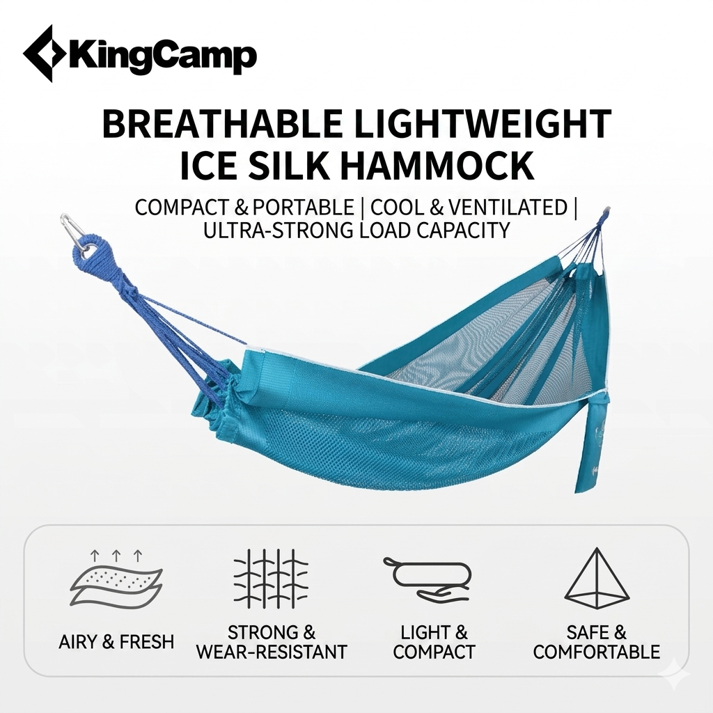 Full, suspended view of the KingCamp breathable, lightweight ice silk hammock with feature icons highlighting airy, strong, light, and safe properties.