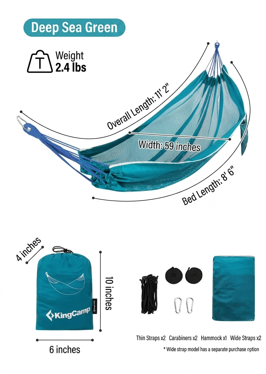 Technical diagram and packing list for the KingCamp single breathable hammock in deep sea green, showing overall dimensions (11' 2" length) and included accessories.