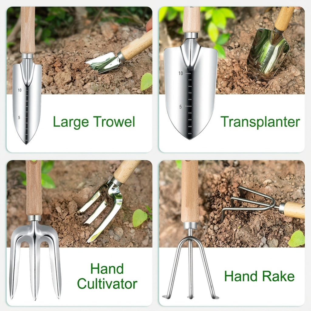 Four-panel image demonstrating the use of the large trowel, transplanter with measurement lines, 3-prong hand cultivator, and hand rake in the soil.