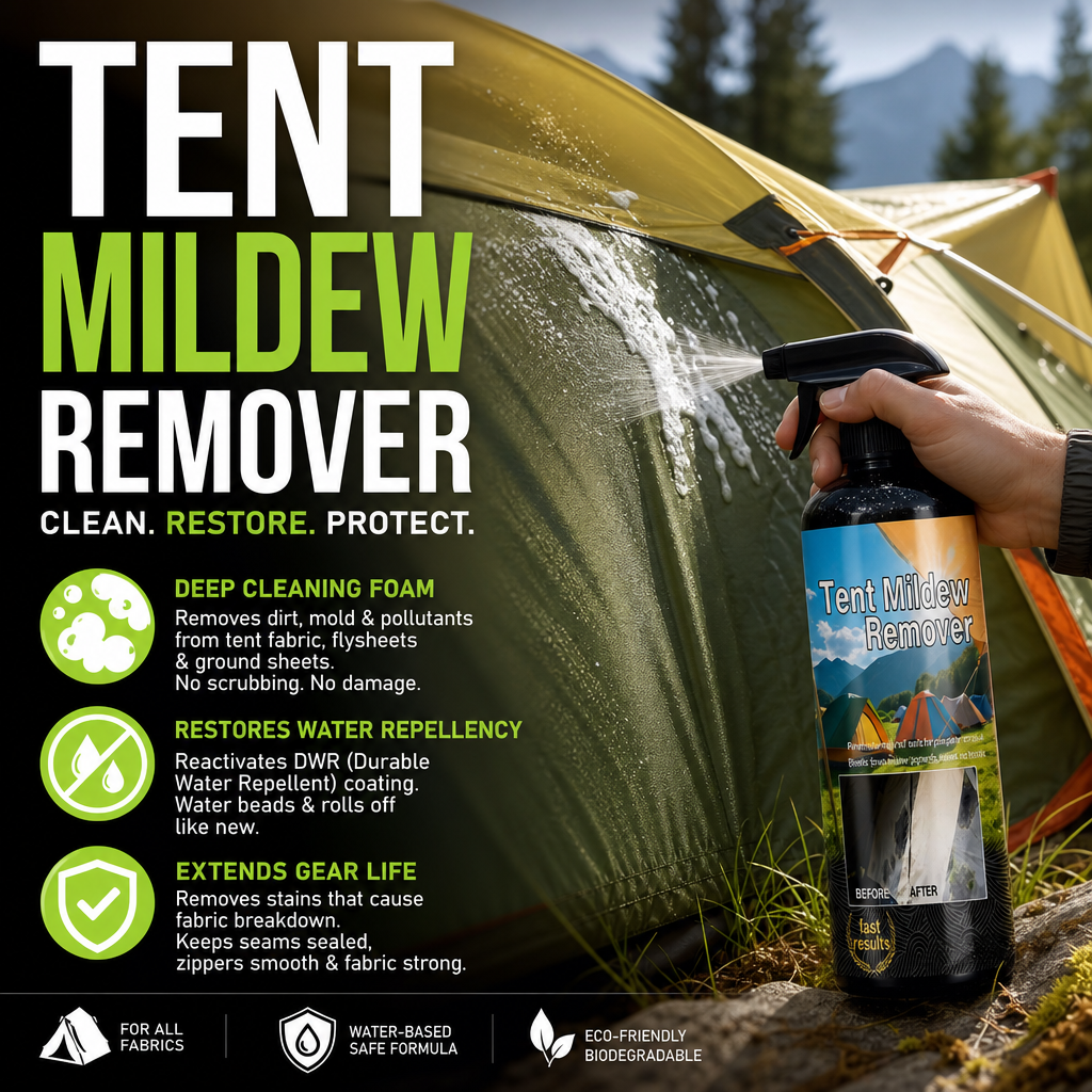 Mildew cleaner for tents awnings and household fabric