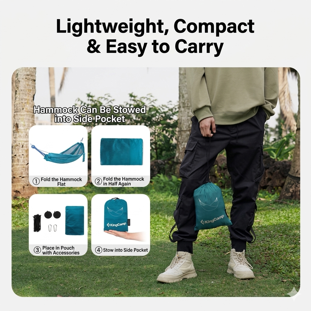 Step-by-step instructions on how to fold and stow the lightweight KingCamp camping hammock into its integrated compact side pocket for easy carry.