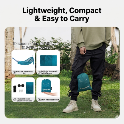 Step-by-step instructions on how to fold and stow the lightweight KingCamp camping hammock into its integrated compact side pocket for easy carry.