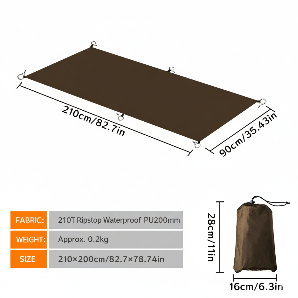 Diagram showing the dimensions of a lightweight, waterproof tarp, specifying its fabric (210T Ripstop) and weight (0.2kg).