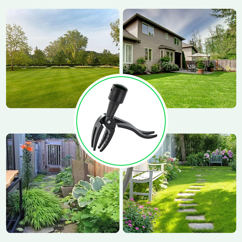 Long handled weed remover claw tool displayed with four diverse beautiful garden and lawn backyard landscaping backgrounds.