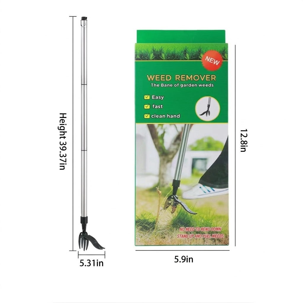 Assembled stand up weed remover with a total height of 39.37 inches next to its green packaging box with dimensions 12.8 by 5.9 inches.