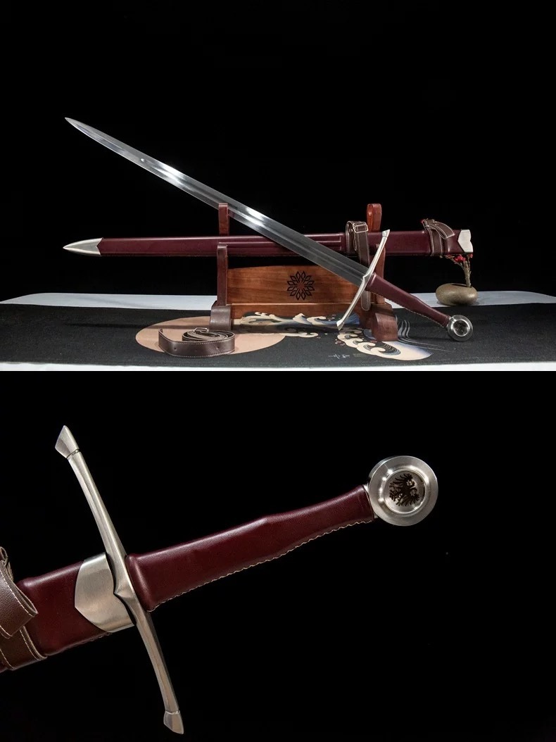 Combined view showing the medieval longsword on a stand and a close-up of the handle and crossguard.