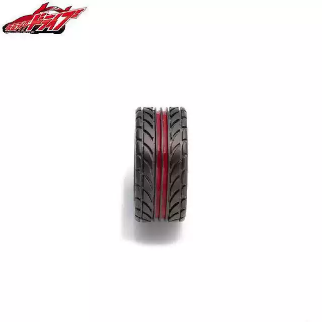 A flat-lay photograph on a white background showing a black men's motorcycle tire tread ring with a central red inlay stripe.