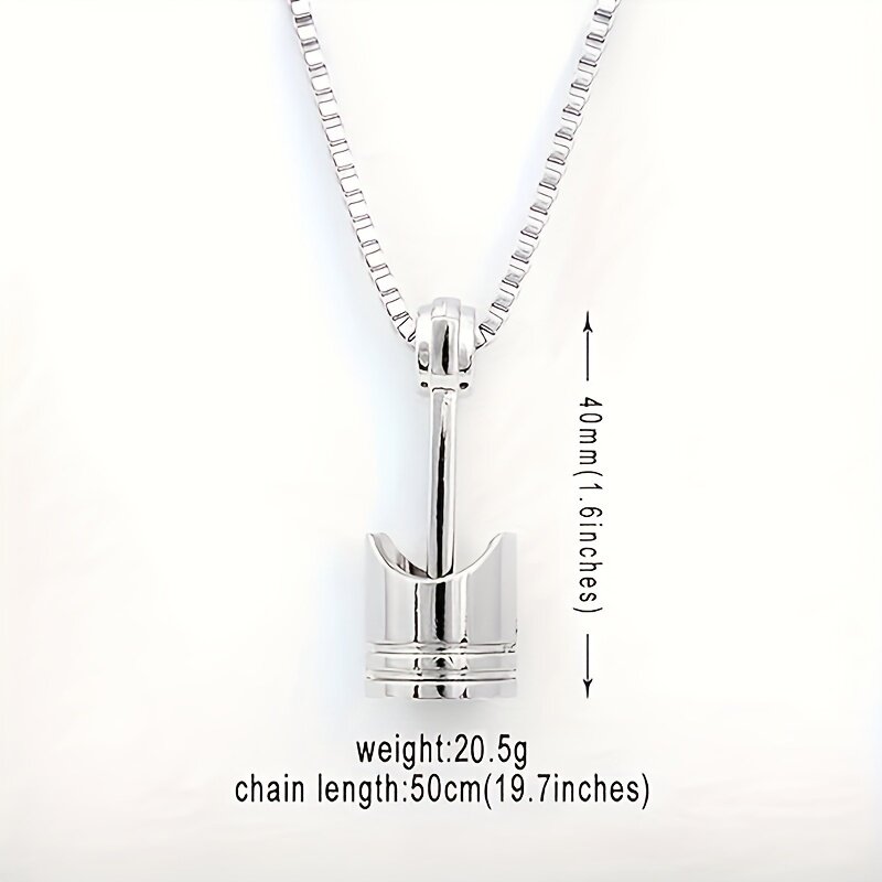 Size chart for the motorcycle piston necklace showing a pendant height of 40mm, chain length of 50cm, and weight of 20.5g.