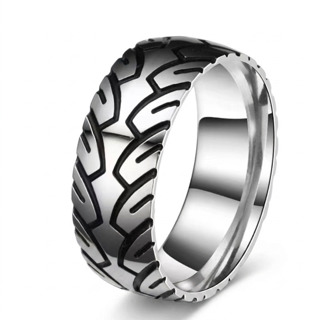Safe Haven Armor black zirconium motorcycle tire ring showcasing the detailed tire tread design on a white background.